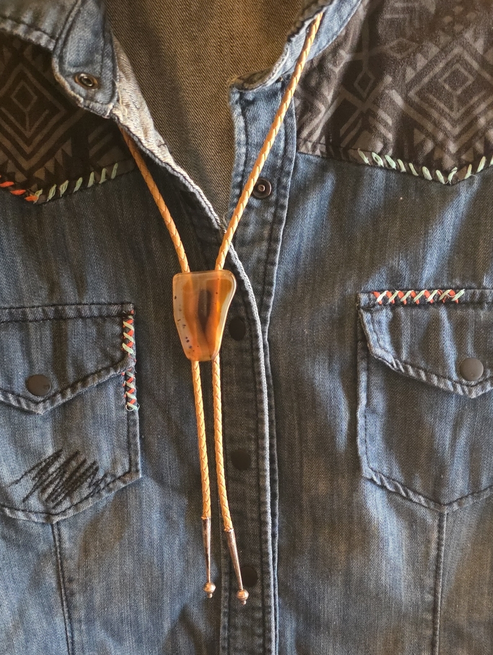 Tan Leather Bolo Tie with Amber Agate Slide - Western Accessory